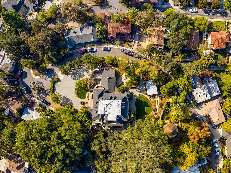Drone photo of the building crowning the top of the hill.