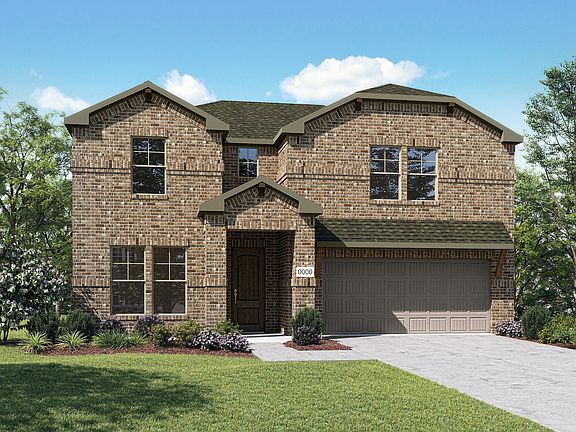 Elevation B is a two story full brick home design with slice hip feature at roofline and decorative