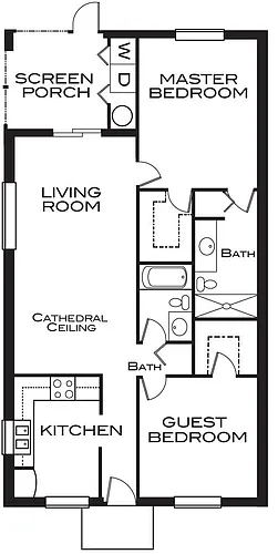 Floor plan 2 Bedroom, 2 Bath with back Screened Porch