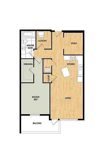 Floor plan Tower 1 Bed/1 Bath Den-Dogwood