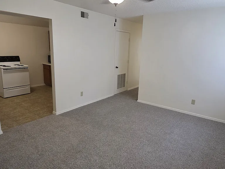 Spacious living area with new carpet, fresh paint, ceiling fan, and a large window plus exterior door letting in natural light.