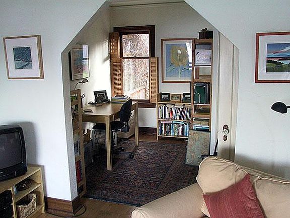 Home office behind living room