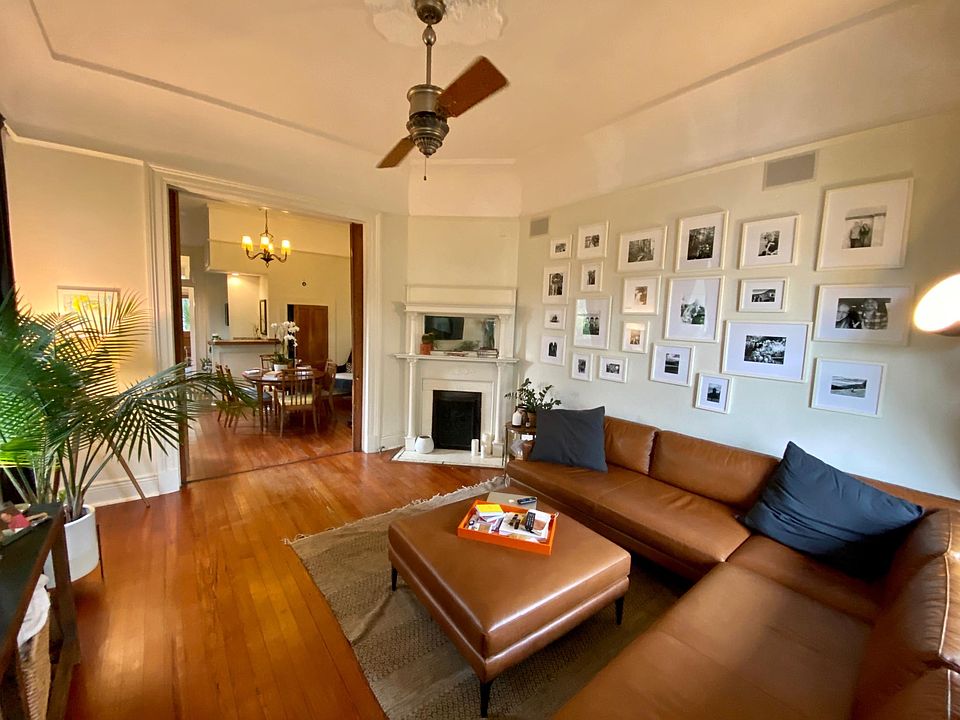 Living and dining, divided by pocket doors