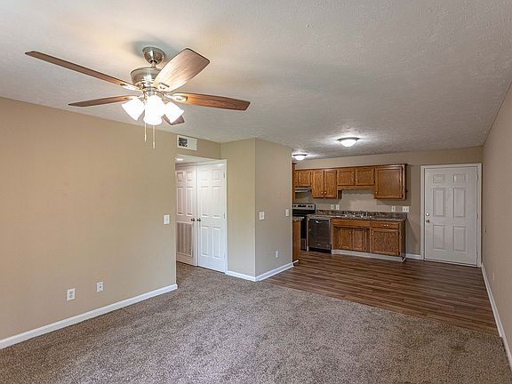 Spacious living room with carpet