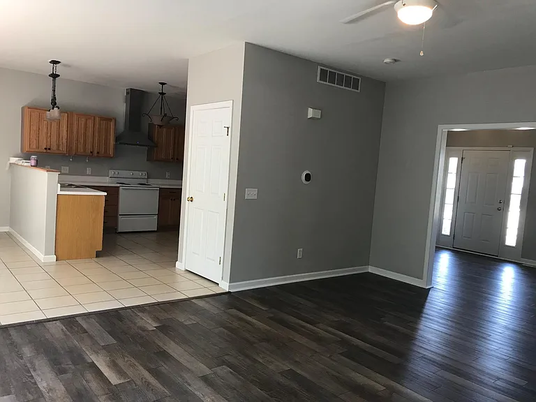 kitchen, living room and family room