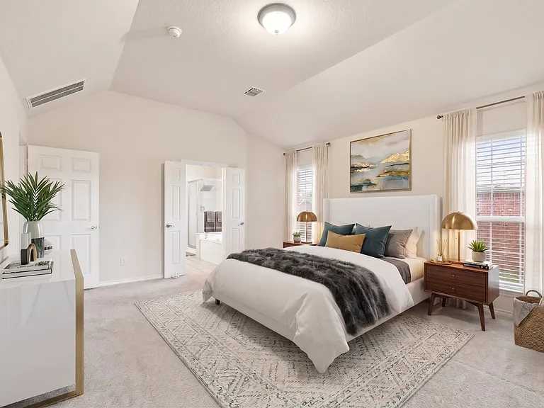 Primary bedroom upstairs, virtually staged.
