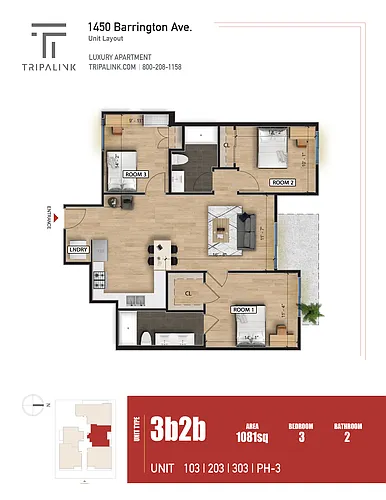 Floor plan 3 Bed 2 Bath - 1081 sqft