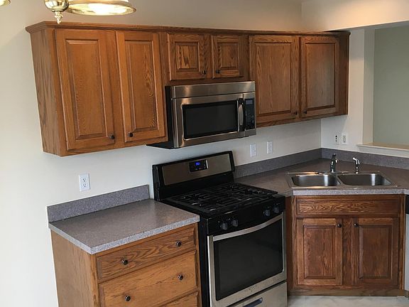 kitchen with gas stove and stainless appliances, above the range microwave and dishwasher.