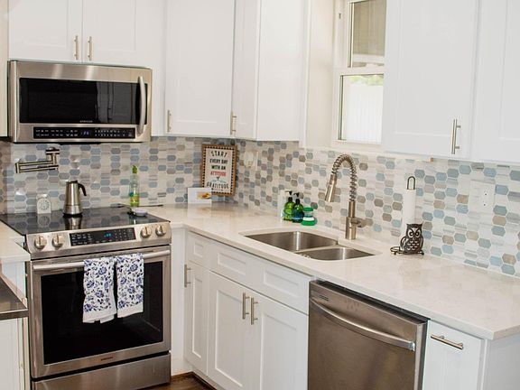 Kitchen view from waterfall table