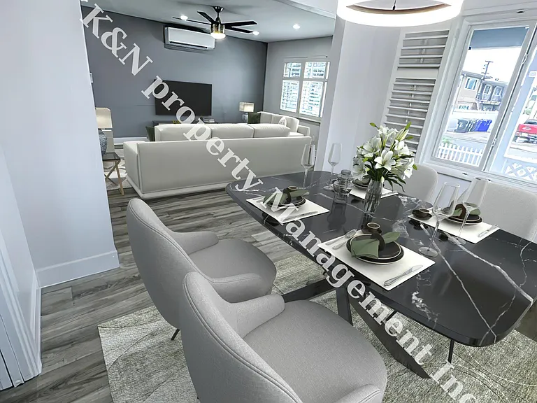 Dedicated dining room with contemporary chandelier and plantation shutters