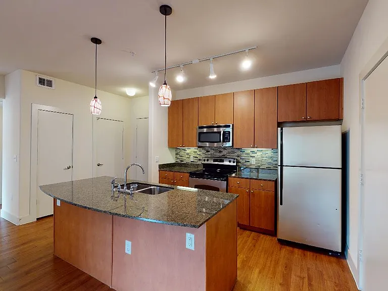 Apartment kitchen with stainless steel appliances, quartz countertops and wood-style flooring.