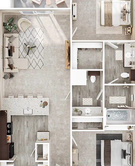 2 Bed 1.5 Bath Floorplan Diagram