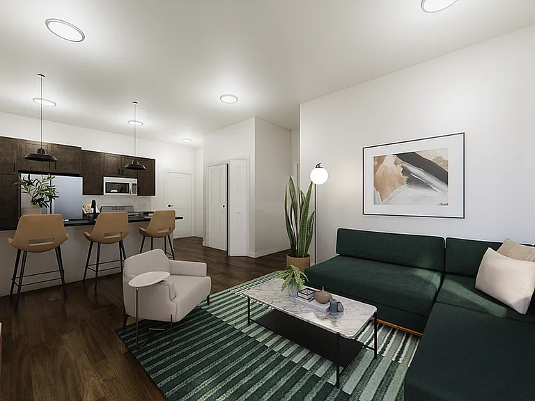 2B Kitchen & Living Room View Rendering