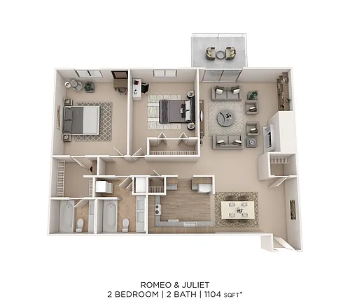 Floor plan Romeo and Juliet 2Bed 2Bath 1104sqft