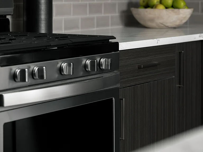 Elegant kitchen with sleek stainless steel oven and modern slow close cabinetry.