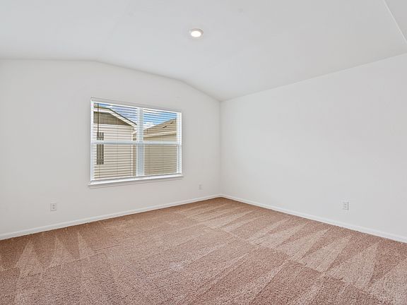Master bedroom with a vaulted ceiling, tan carpet, and a large window.