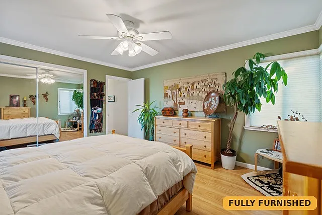 Large bedroom on the main level with 3 windows, a queen bed, ceiling fan, reading chair, two dressers and a large closet with sliding mirrored doors.