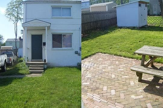 Exterior: front of house + fenced back yard with patio and storage shed