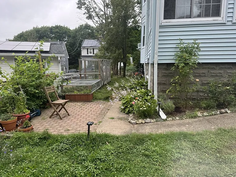 If you turn around, you'll see the street and a few raised beds. Also, more flowers.