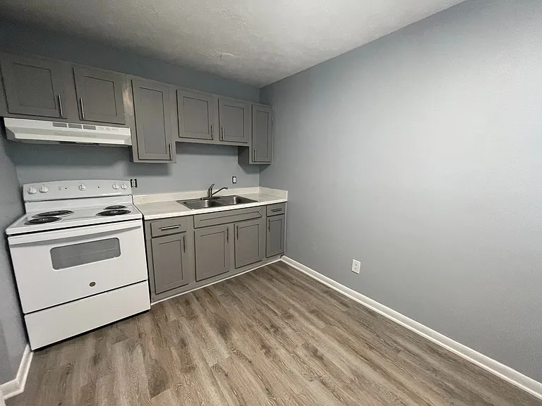 Elegant kitchen space featuring modern gray cabinets, sleek white appliances, and stylish wood flooring.
