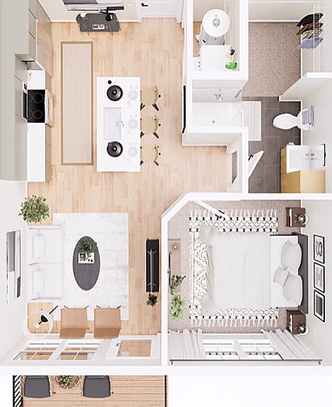 1B Overhead Floorplan - 614 sqft 1B Overhead Floorplan - 614 sqft