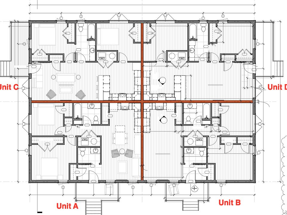 Building 1 layout, 4 units