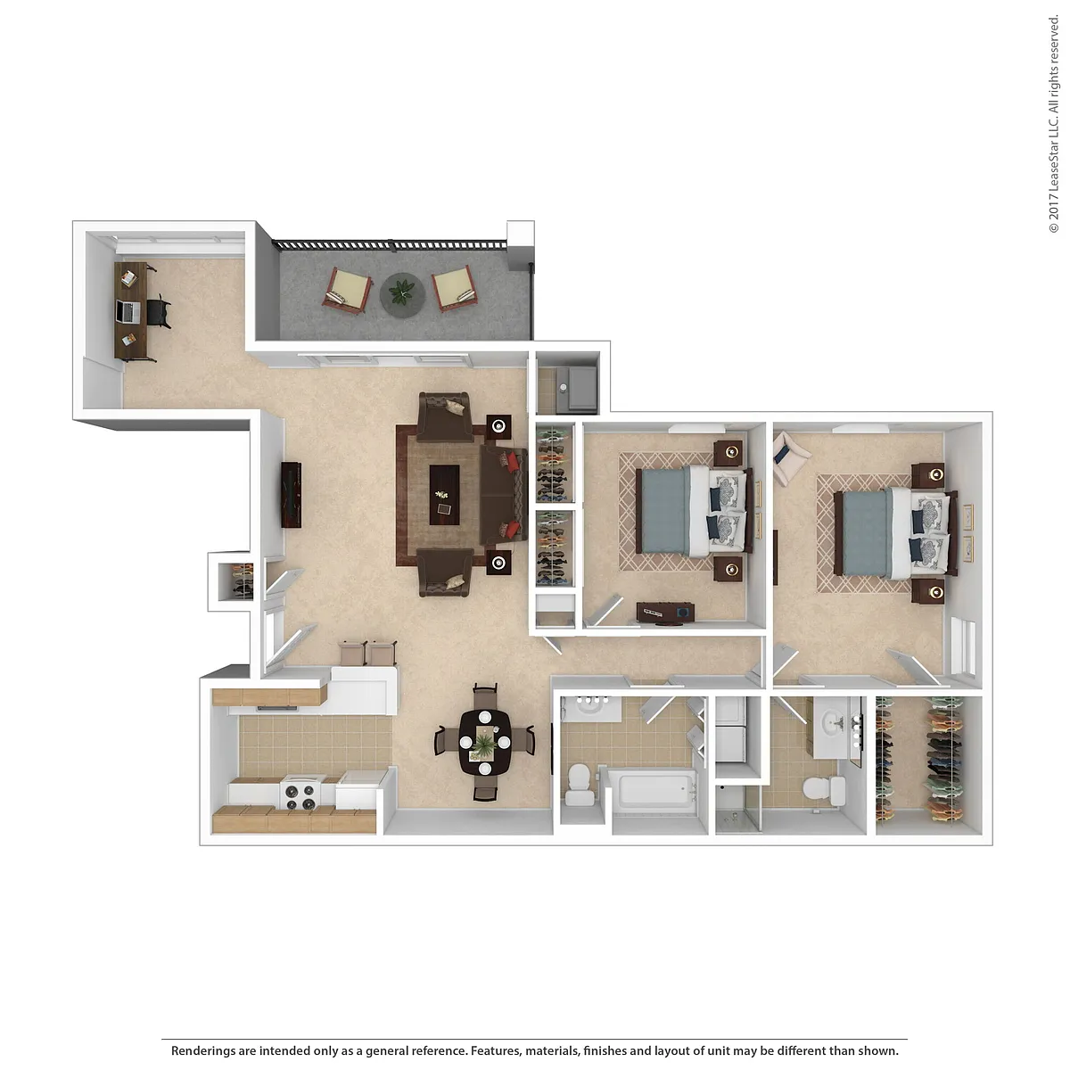 Floor plan 2 BD Traditional w/Den & Dining Room