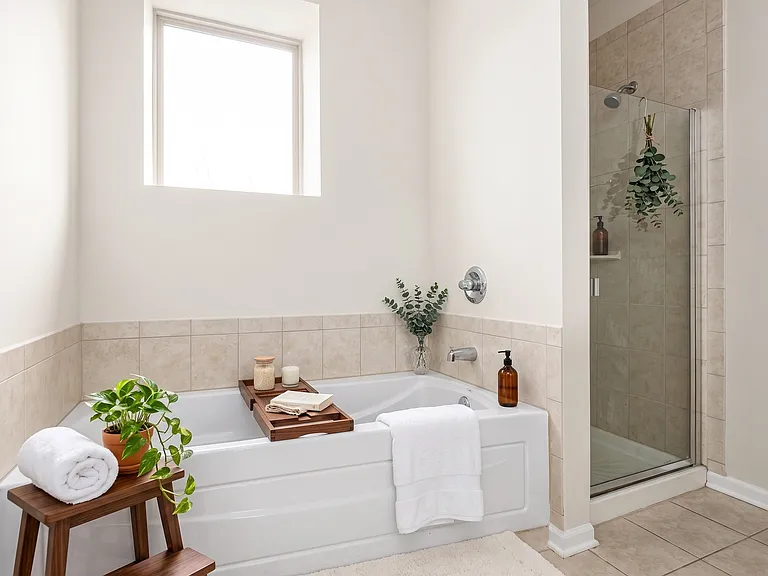 Primary Master Bath | Separate Soaking Bath + Walk-in Tile Shower with Natural light