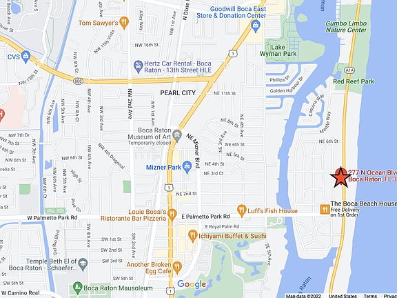 The building is on A1A (Ocean Blvd), north of Palmetto Park Rd. It is very near the corner with Palmetto Park Rd.