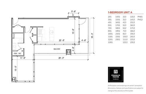 Floor plan One Bedroom with Wraparound Balcony