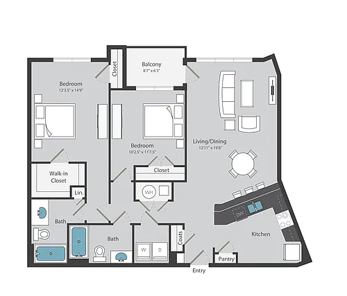 Floor plan 2 Bed/ 2 Bath (1135 sqft)