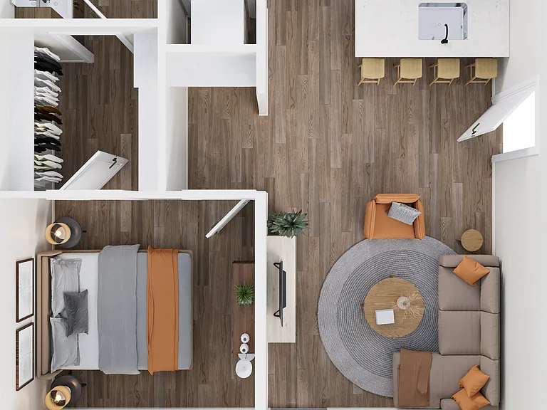 Explore this sleek apartment design featuring an inviting living area, state-of-the-art kitchen, and private balcony. Explore this sleek apartment design featuring an inviting living area, state-of-the-art kitchen, and private balcony.