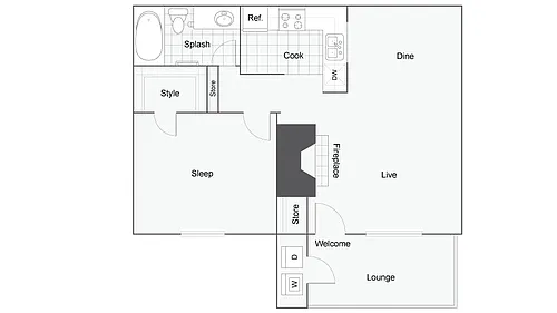 Floor plan 1 BR x 1 BA with W/D - B