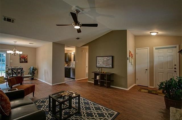 Living area view, with dining and kitchen beyond