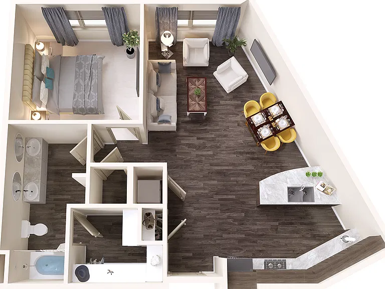 One Bedroom Apartment with Dual Vanity and Spacious Living Spaces