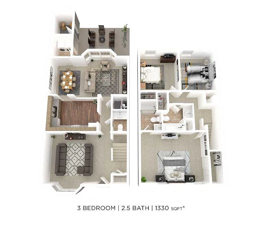 Floor plan Three Bedroom 2.5 Bath Townhome - 1,330 sqft