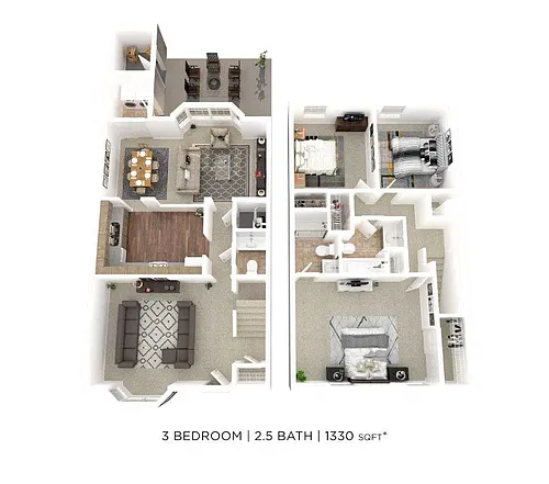 Floor plan Three Bedroom 2.5 Bath Townhome - 1,330 sqft