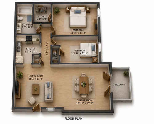 Floor plan 2b1 1ba 967 sq ft