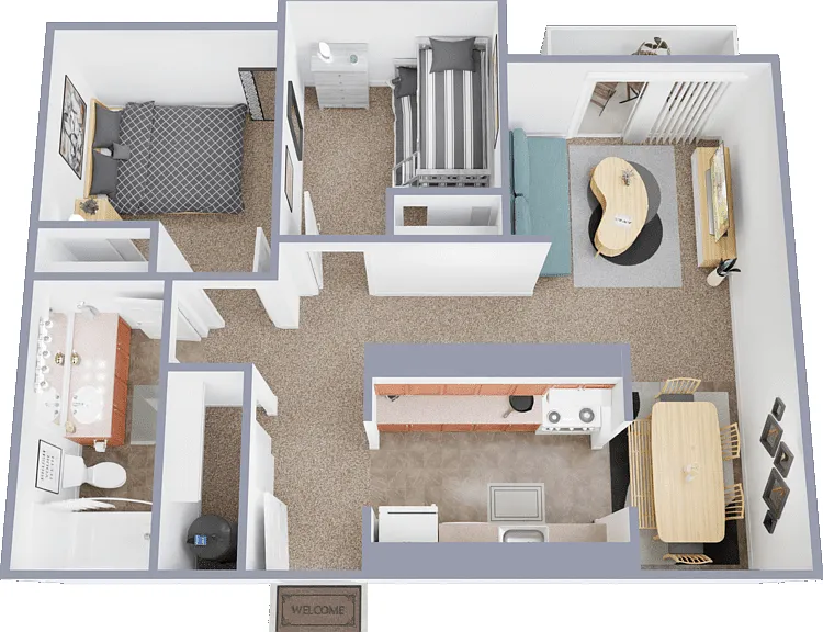2 Bed 1 Bath Floorplan Diagram