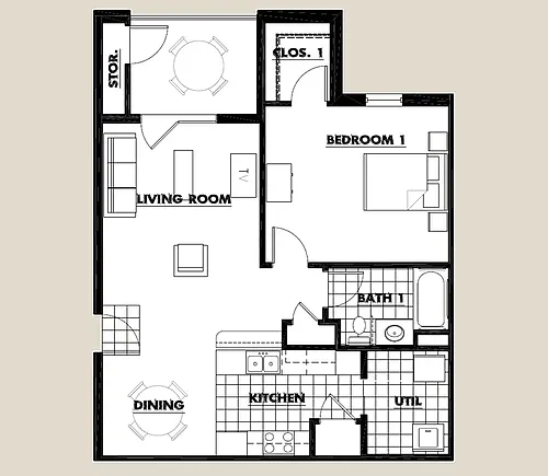 Floor plan 1 bedroom, 1 bath