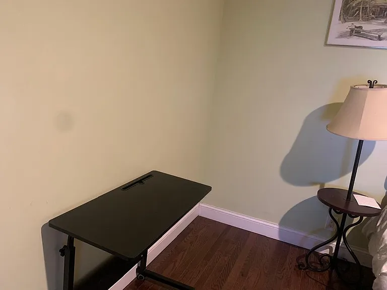 Compact bedroom corner with hardwood floors and a practical desk setup plus side table and lamp for study or remote work.
