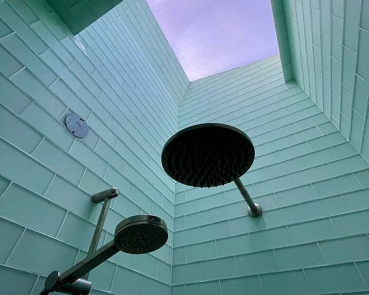 Master bathroom shower 14ft ceiling and skylight