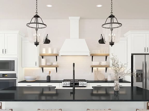 Kitchen with floating shelves and matte black hardware