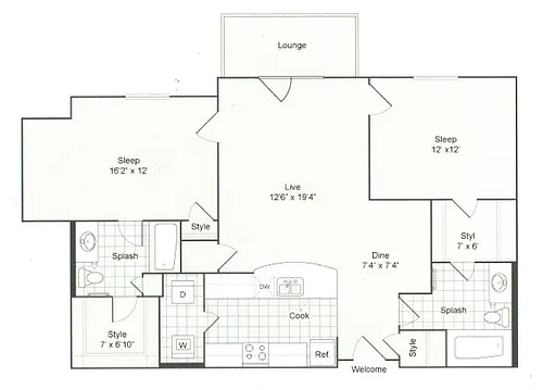 Floor plan 2 bed/2 bath-1132 sqft