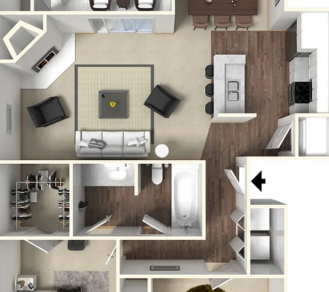 Elegant 3D floor plan showcasing 2 bedrooms, spacious living area, modern kitchen, and cozy dining space with balcony access. Elegant 3D floor plan showcasing 2 bedrooms, spacious living area, modern kitchen, and cozy dining space with balcony access.