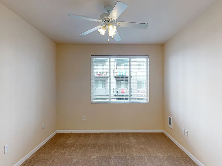 Apartment living room with plush carpet flooring.