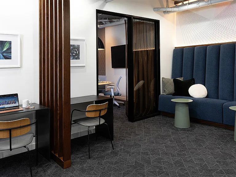 Apartment community coworking lounge at Griffis East Village in San Diego, California.