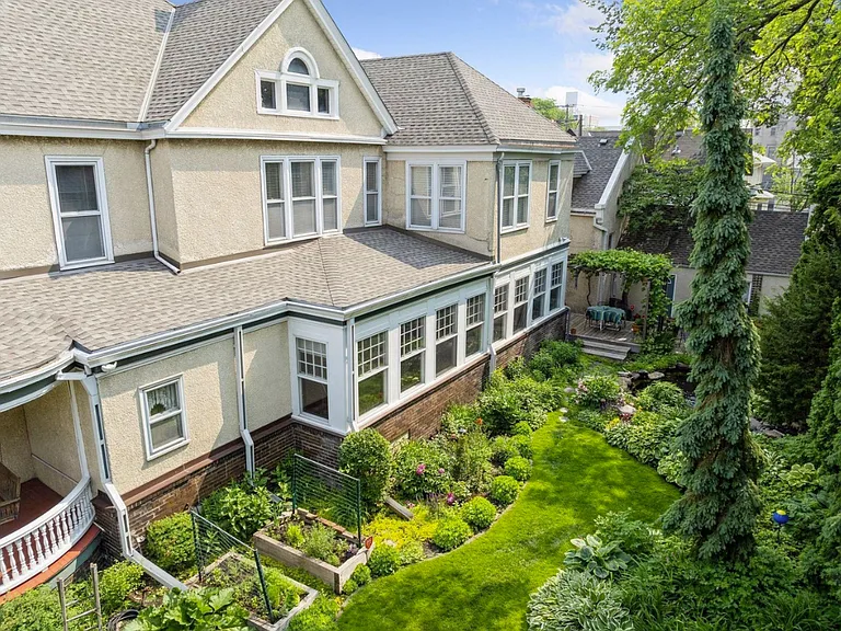 Ariel view of the backyard garden, planters, koi pond, back patio, grape vines, and MIL suite. The first 9 windows on floor 2 (counting from back to front) are all for the MIL suite!
