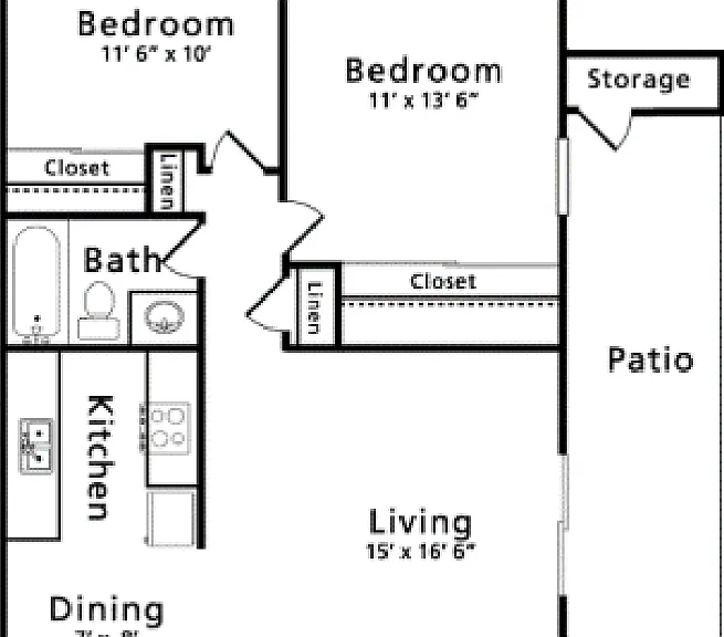 2 Bed 1 Bath Floorplan Diagram