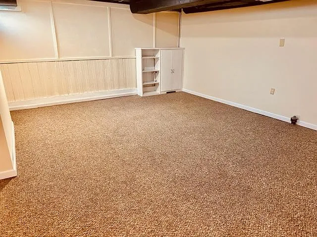 Family room in lower level with carpet and finished walls